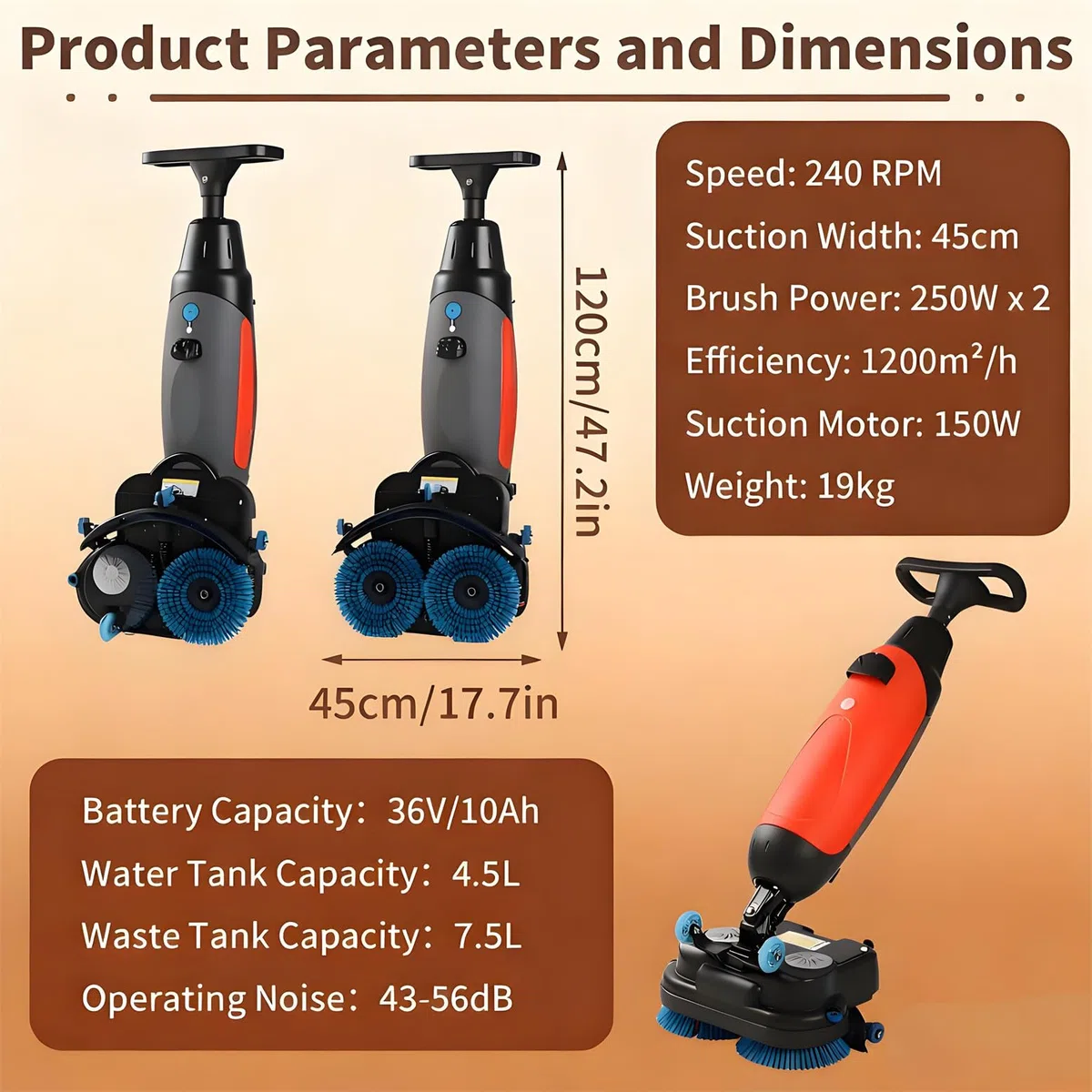 Kommerzielle Bodenscheuermaschine, 45,7 cm Reinigungsbreite, Fliesenpolierer und Bodenschrubber, 36 V, 10,5 A, 2 x 200 W, 4 l + 6 l Tanks (rot)