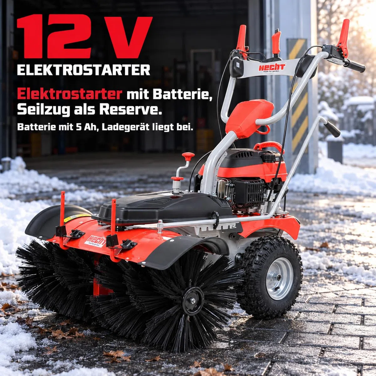 HECHT Kehrmaschine Benzin 100 cm Komplett-Set mit Schneeschild und E-Start (Kehrmaschine + Auffangbox)