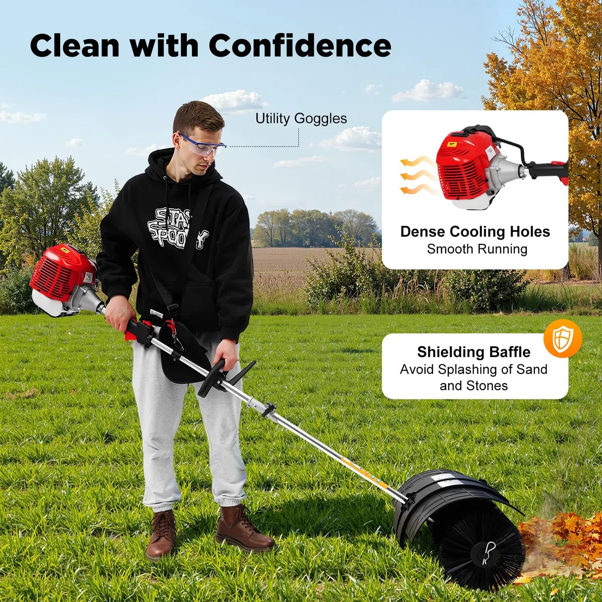 52 cc 2-Takt Motorbesen, 2,3 PS Hand Kehrmaschine Benzin mit Schultergurt, 8500 U/min Schneefräse Benzin Schneeschaufel, 52 cm Arbeitsbreite