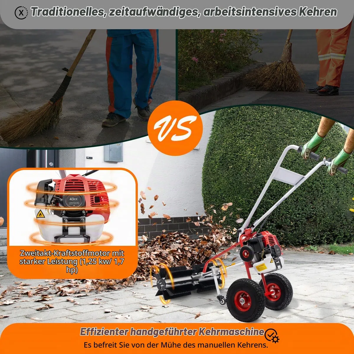 43cc Kehrmaschine, 1,7PS 2-Takt Benzin Handschubkehr Maschine Kehrbesen Motorbesen Schneefräse 1,25kW Benzin Kehrmaschine für Gehweg Gras Schnee Reinigung Rasen