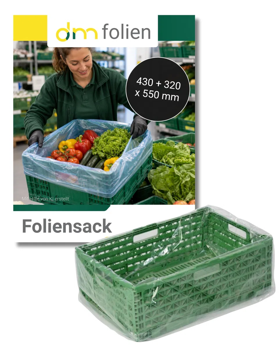 dm-folien Foliensäcke I 2000 Stück I 430+320x550mm I Lebensmittelechte Seitenfaltensäcke 10 µ I Transluzente Beutel aus recycelbarem HDPE I Reißfeste Säcke für KLT-Kisten & Kartons