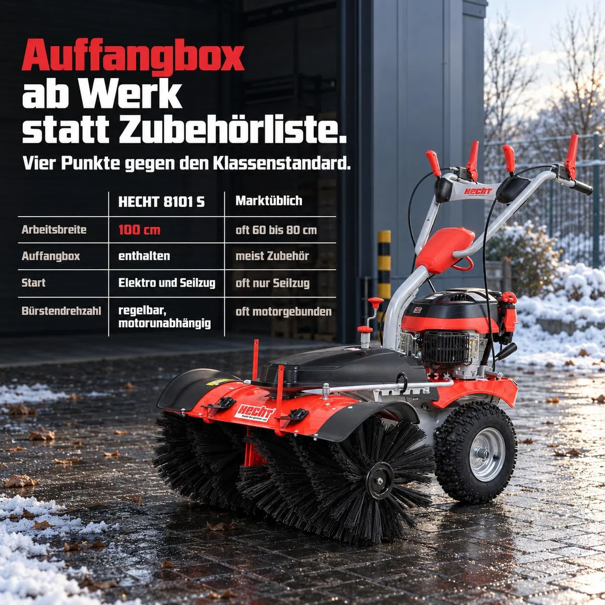 HECHT Kehrmaschine Benzin 100 cm Komplett-Set mit Schneeschild und E-Start (Kehrmaschine + Auffangbox)