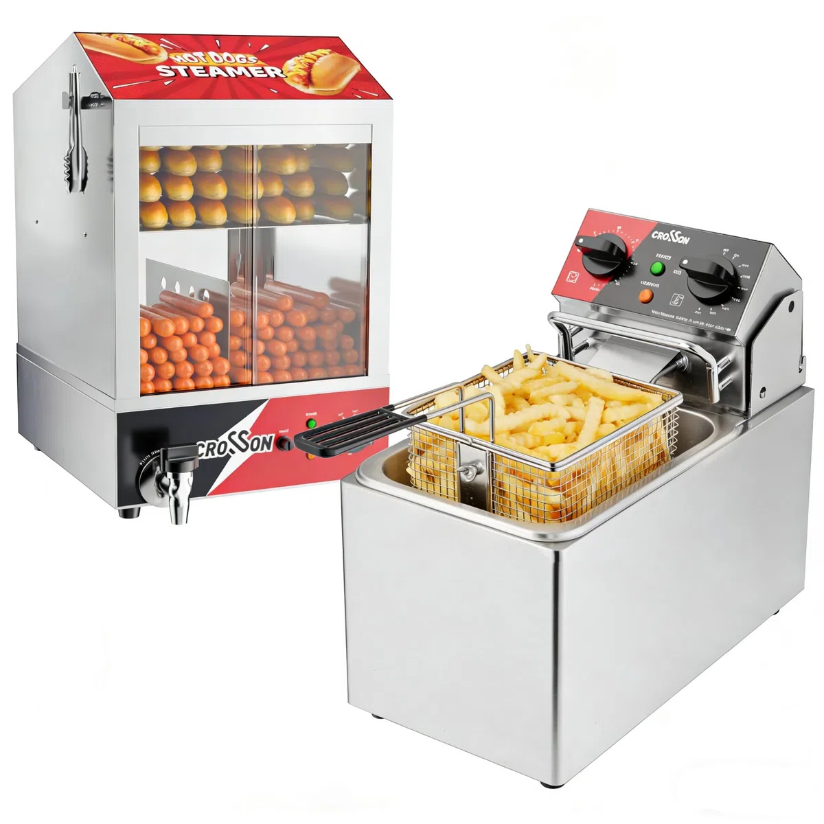 CROSSON Hot Dog Dampfgarer 42L,175 Hot Dogs und 50 Brötchen,4L Elektrische Aufsatzfritteuse mit leicht zu reinigendem rotierendem Fritteusenkopf