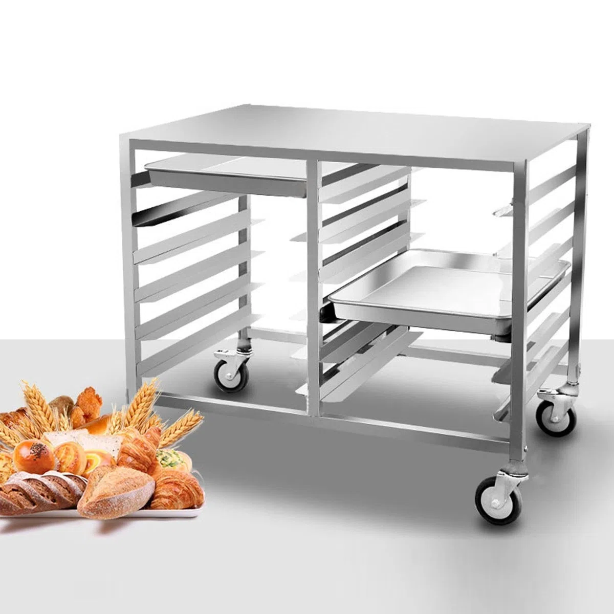6-lagiger Backblechwagen aus Edelstahl mit 12 Fächern, Trockengestell für Backbleche in Großküchen mit Arbeitsfläche, feststellbaren Lenkrollen und Kühlgestell für 60x40cm