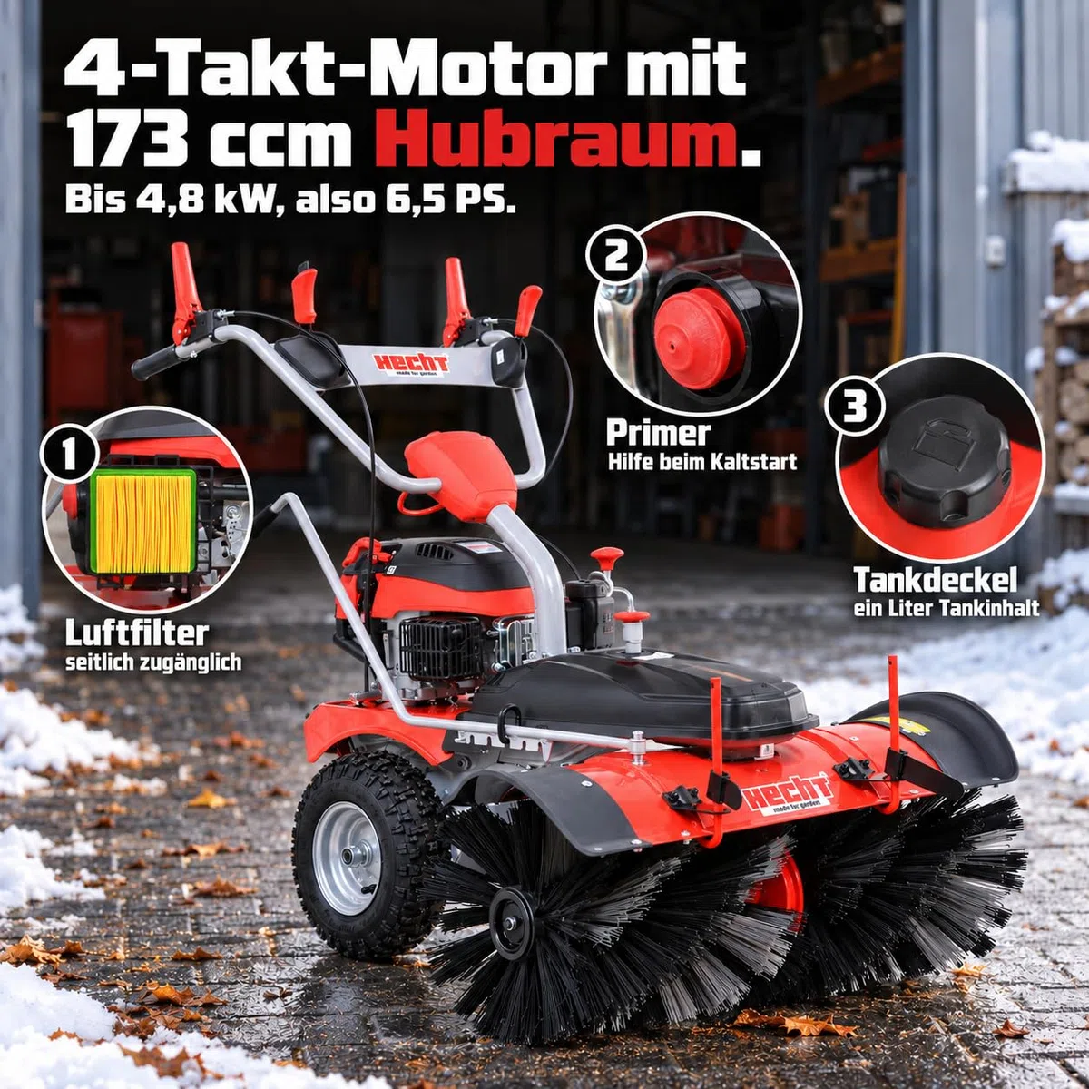 HECHT Kehrmaschine Benzin 100 cm Komplett-Set mit Schneeschild und E-Start (Kehrmaschine + Auffangbox)
