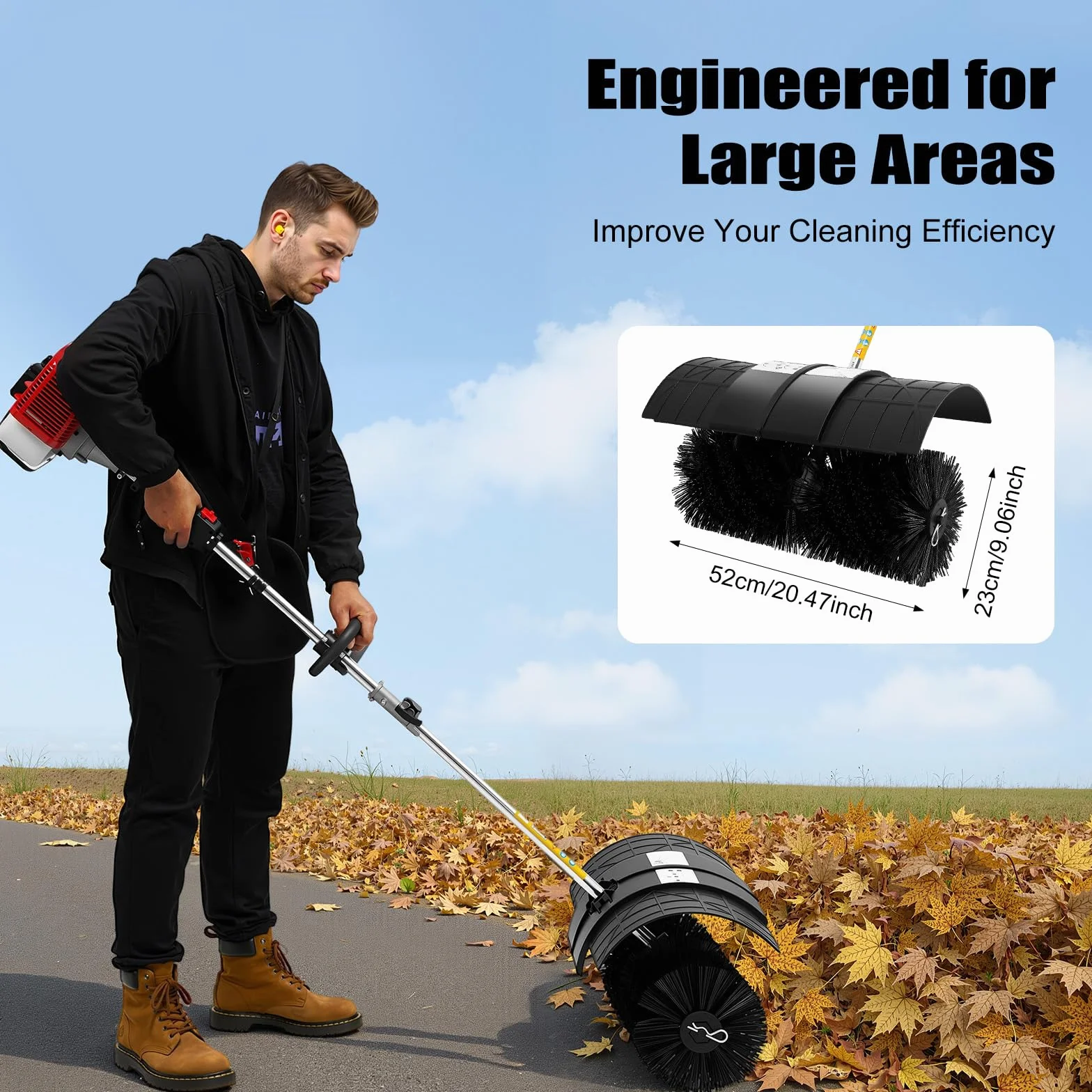 Handkehrmaschine mit 52cc Benzinmotor, 2.3HP 1.7KW Benzin Kehrmaschine, Nylonbürste Handkehrmaschine Benzin Power Besen Bürstenreiniger, für Kunstrasenplätzen, Straßenreinigung