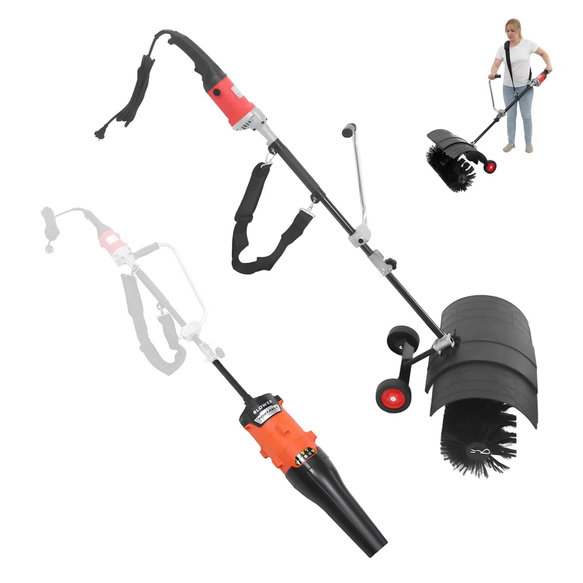 Elektrische Kehrmaschine & Laubbläser, 2-in-1 Schneefräse 1600W, Tragbarer Motorbesen mit 55cm Arbeitsbreite, Einstellbare 6-Gang, 7000-9000rpm, für Draußen Rasenreinigung