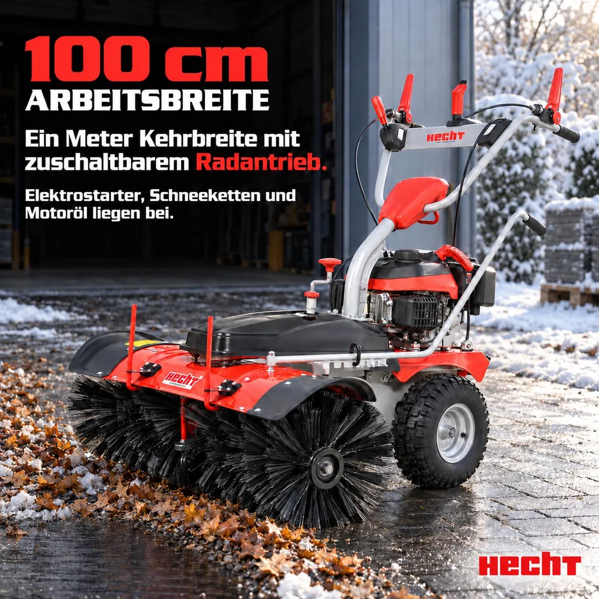 HECHT Kehrmaschine Benzin 100 cm Komplett-Set mit Schneeschild und E-Start (Kehrmaschine + Auffangbox)