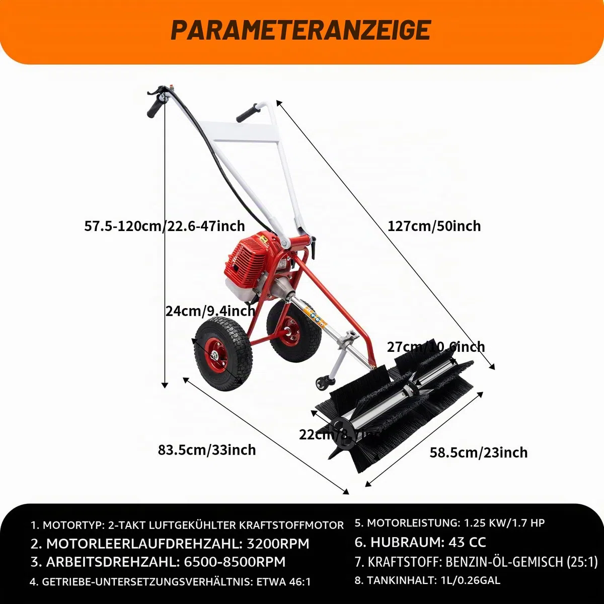 43cc Kehrmaschine, 1,7PS 2-Takt Benzin Handschubkehr Maschine Kehrbesen Motorbesen Schneefräse 1,25kW Benzin Kehrmaschine für Gehweg Gras Schnee Reinigung Rasen