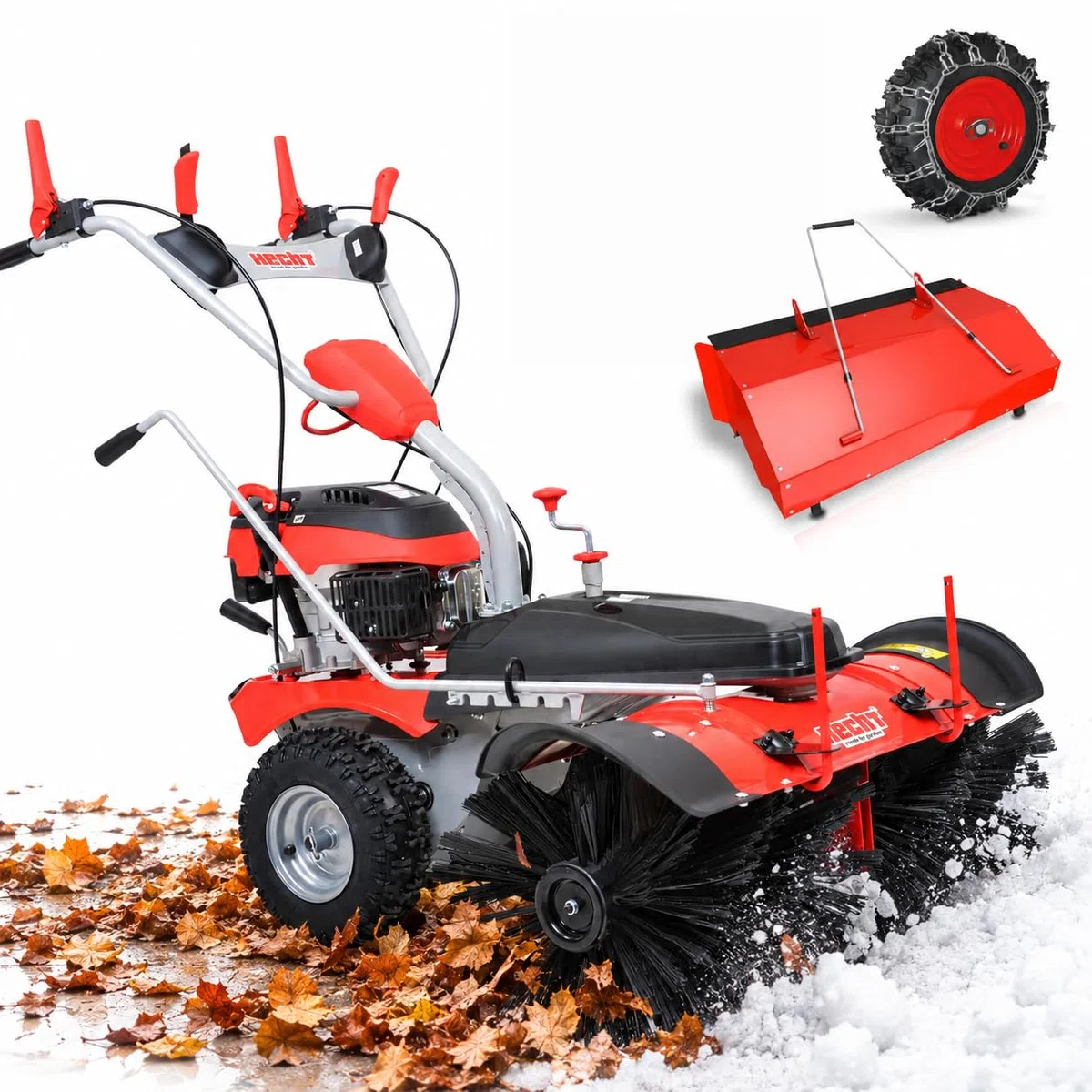 HECHT Kehrmaschine Benzin 100 cm Komplett-Set mit Schneeschild und E-Start (Kehrmaschine + Auffangbox)
