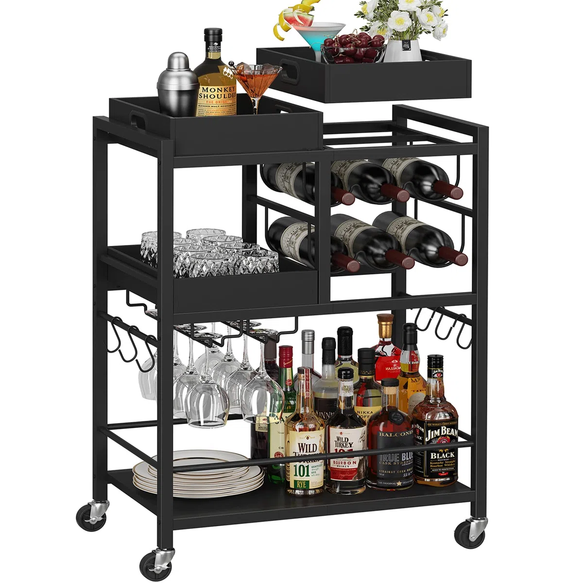 TUTOTAK Barwagen Home Bar Servierwagen 3-stöckig Küchenwagen auf Rädern rollender Getränkewagen mit Weinregal und Glashalter schwarz BC01BK037