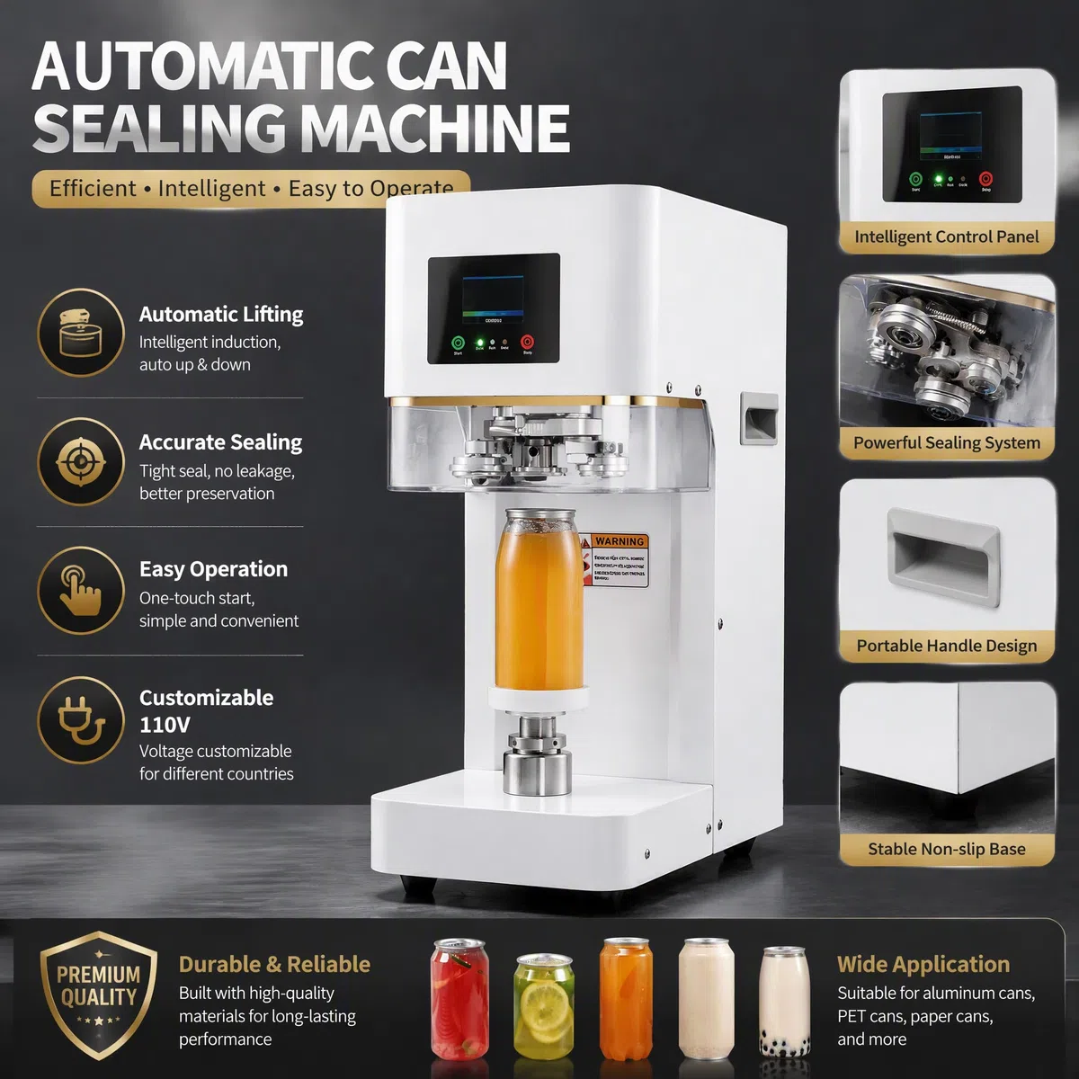 Automatische Dosenverschließmaschine Edelstahl, Elektrischer Dosenversiegler für Bier Soda, Kompakter Tisch-Dosenverschließer für Bar Tee-Shop, Auslaufsicher für PET-Dosen und Glas Black