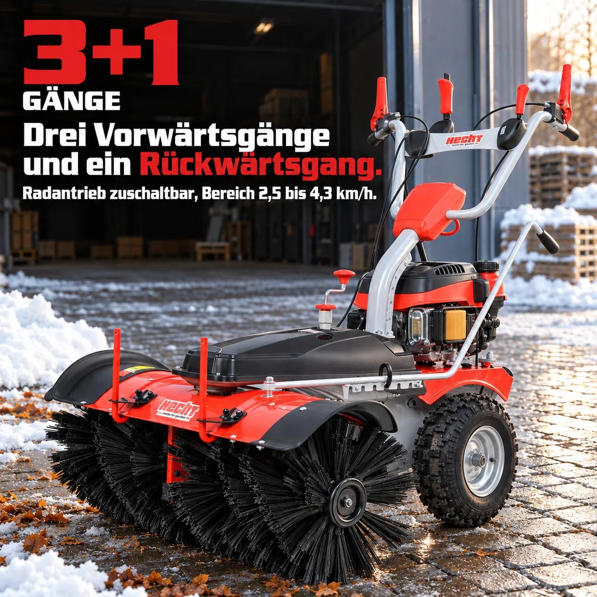 HECHT Kehrmaschine Benzin 100 cm Komplett-Set mit Schneeschild und E-Start (Kehrmaschine + Auffangbox)