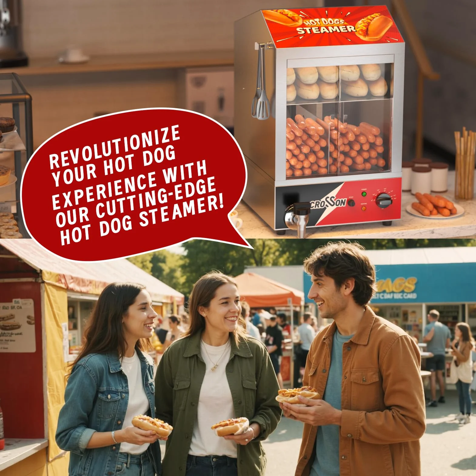 CROSSON Hot Dog Dampfgarer 42L,175 Hot Dogs und 50 Brötchen,4L Elektrische Aufsatzfritteuse mit leicht zu reinigendem rotierendem Fritteusenkopf